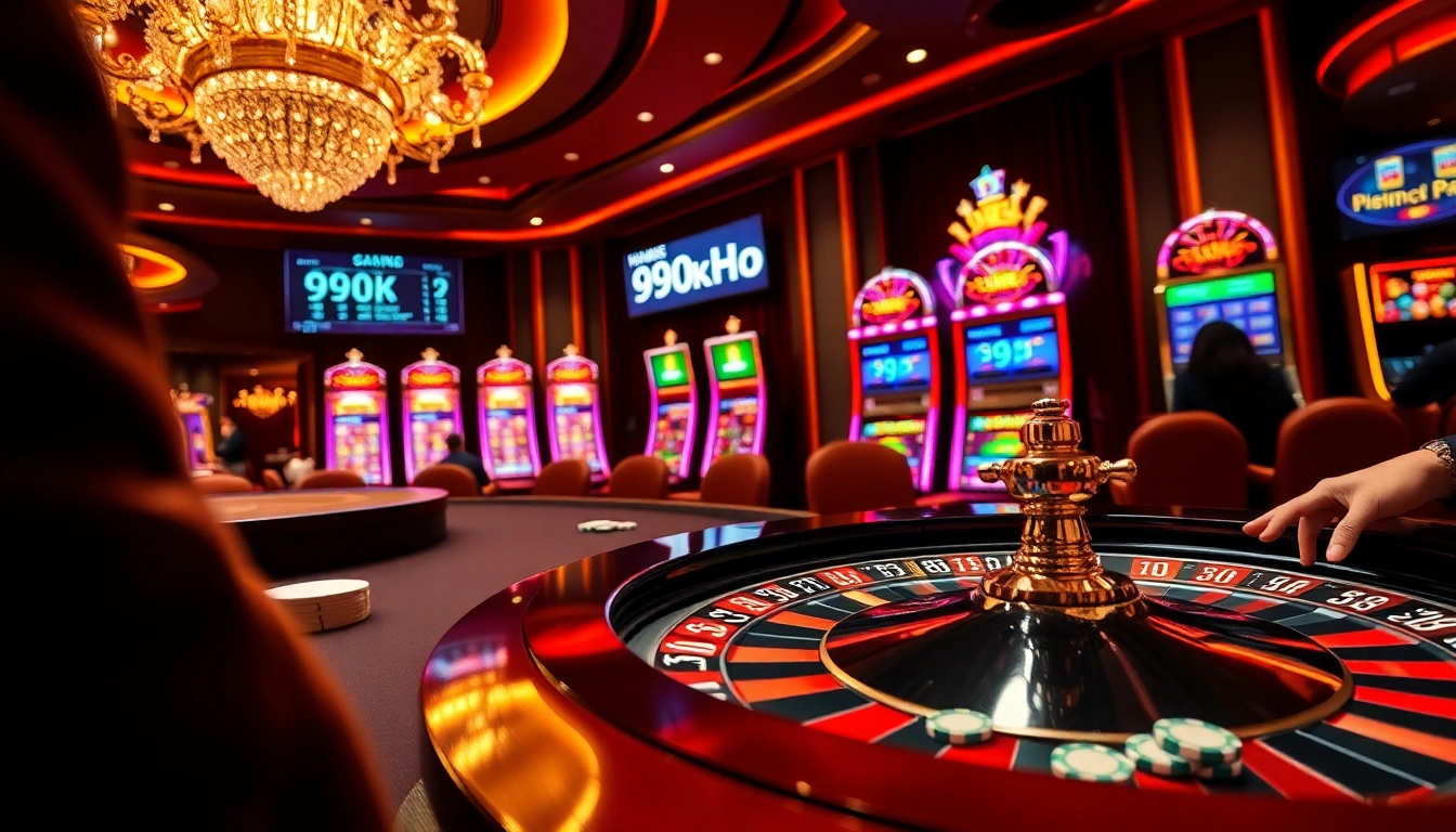 Excited gamblers playing at the 99OK casino table with roulette and slot machines.