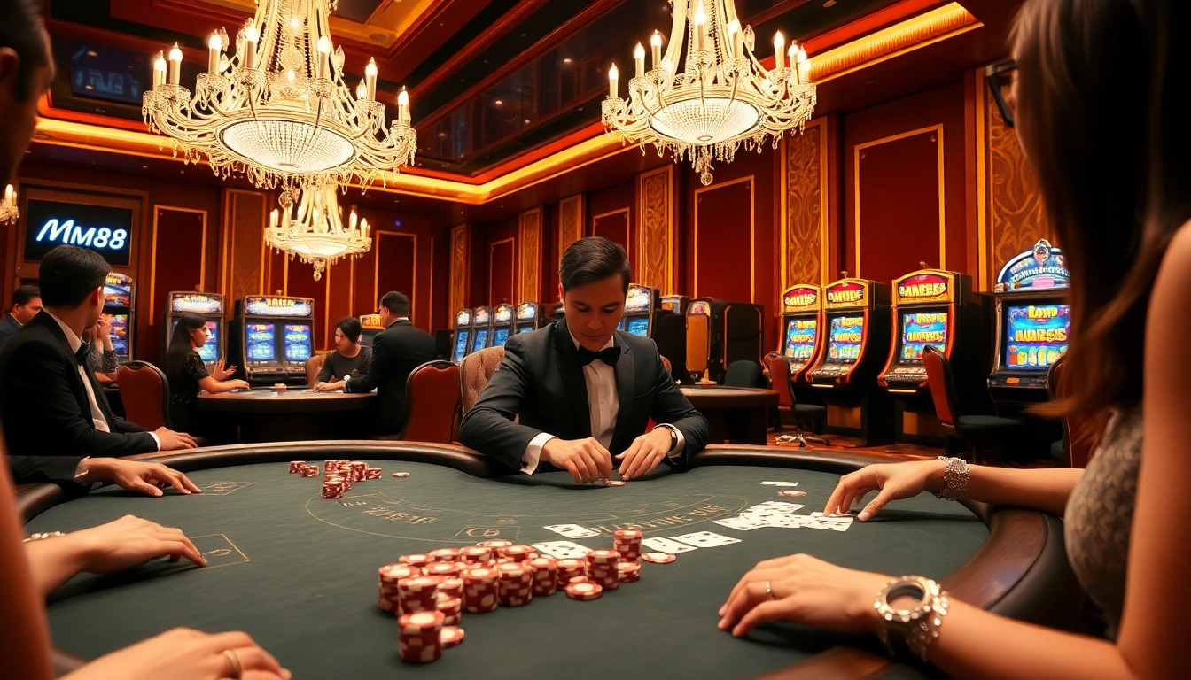 Experience high-stakes excitement at MM88's luxurious casino with vibrant gaming tables.