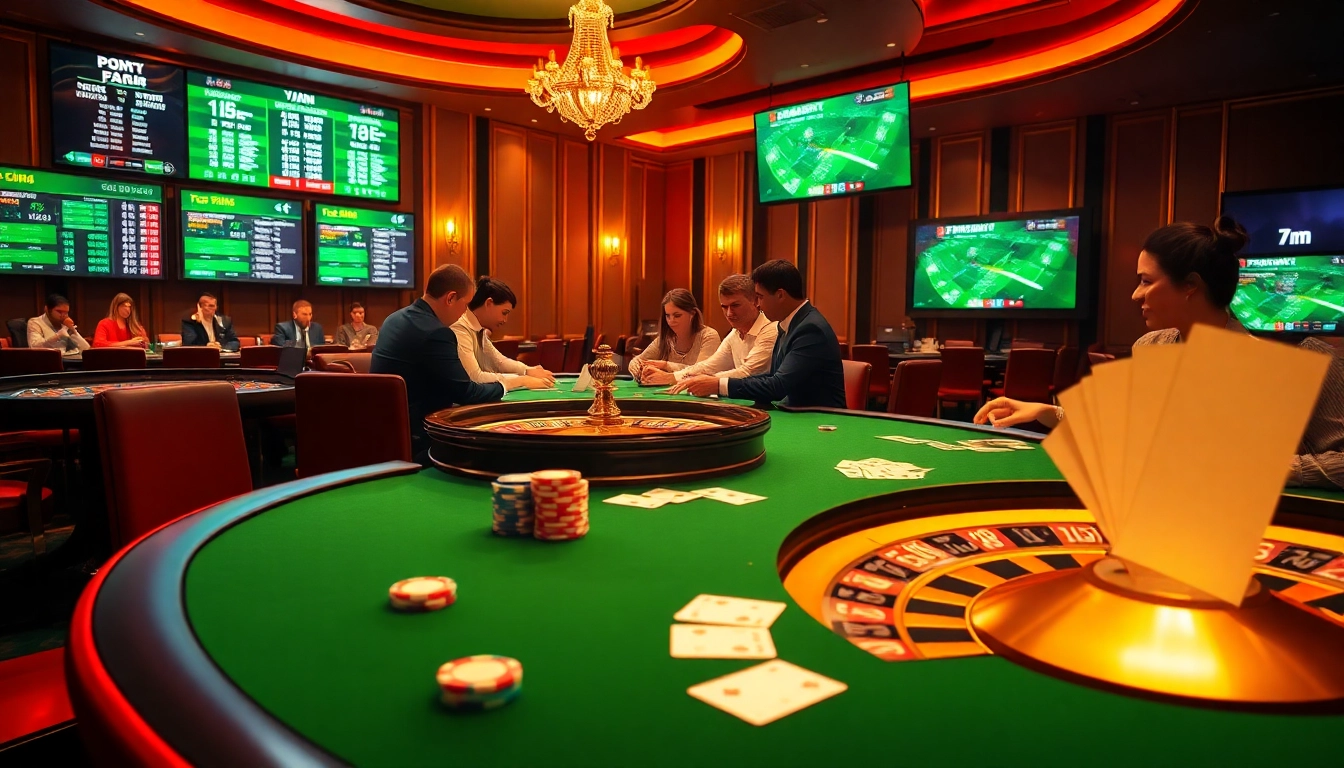 Betting action at a high-stakes poker table with 7m sports updates in a luxurious casino setting.