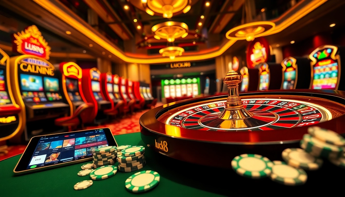 Experience the excitement of luck8 casino with vibrant roulette and poker elements.