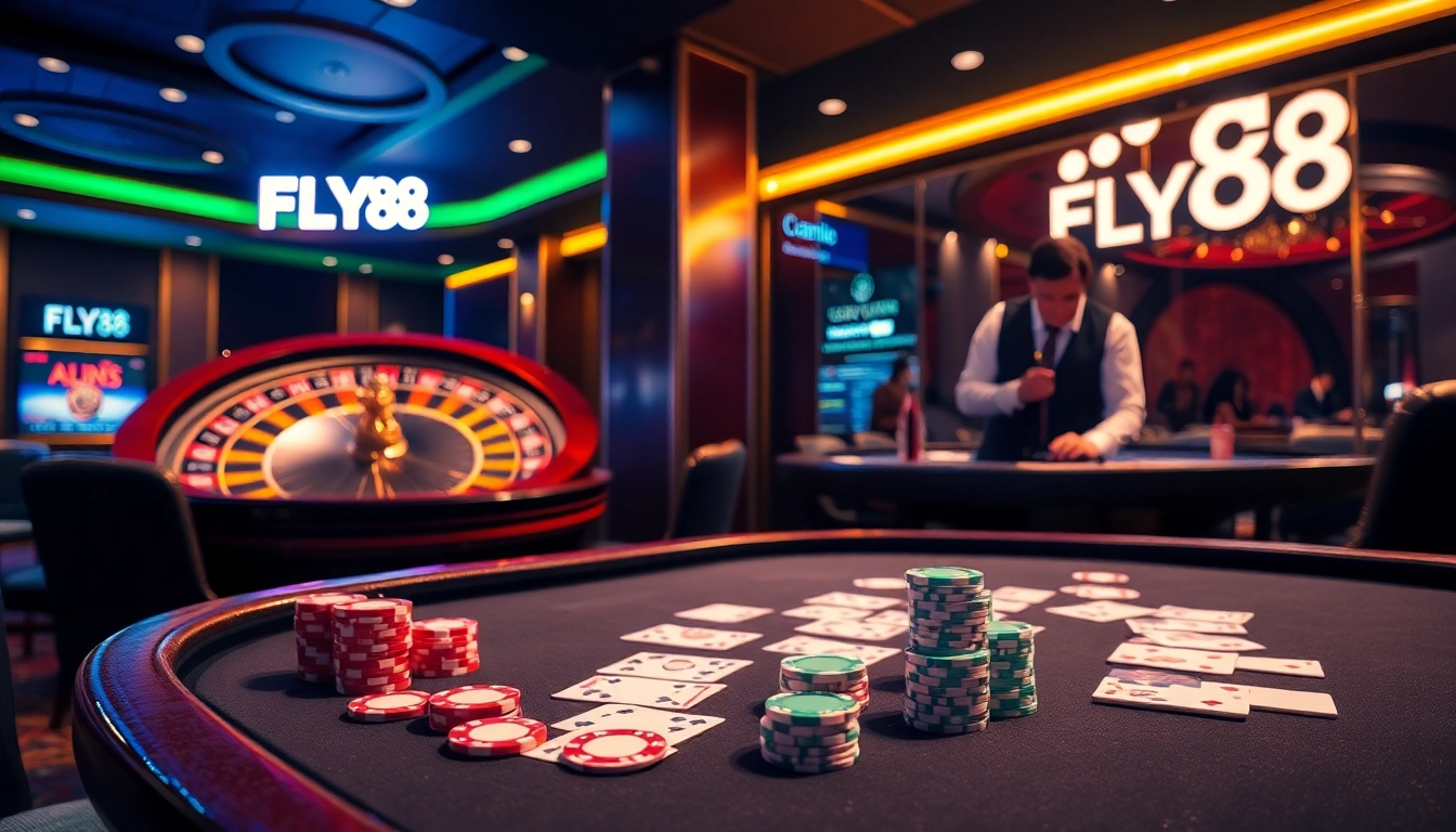 FLY88 players making winning bets at an upscale casino table with a roulette wheel.