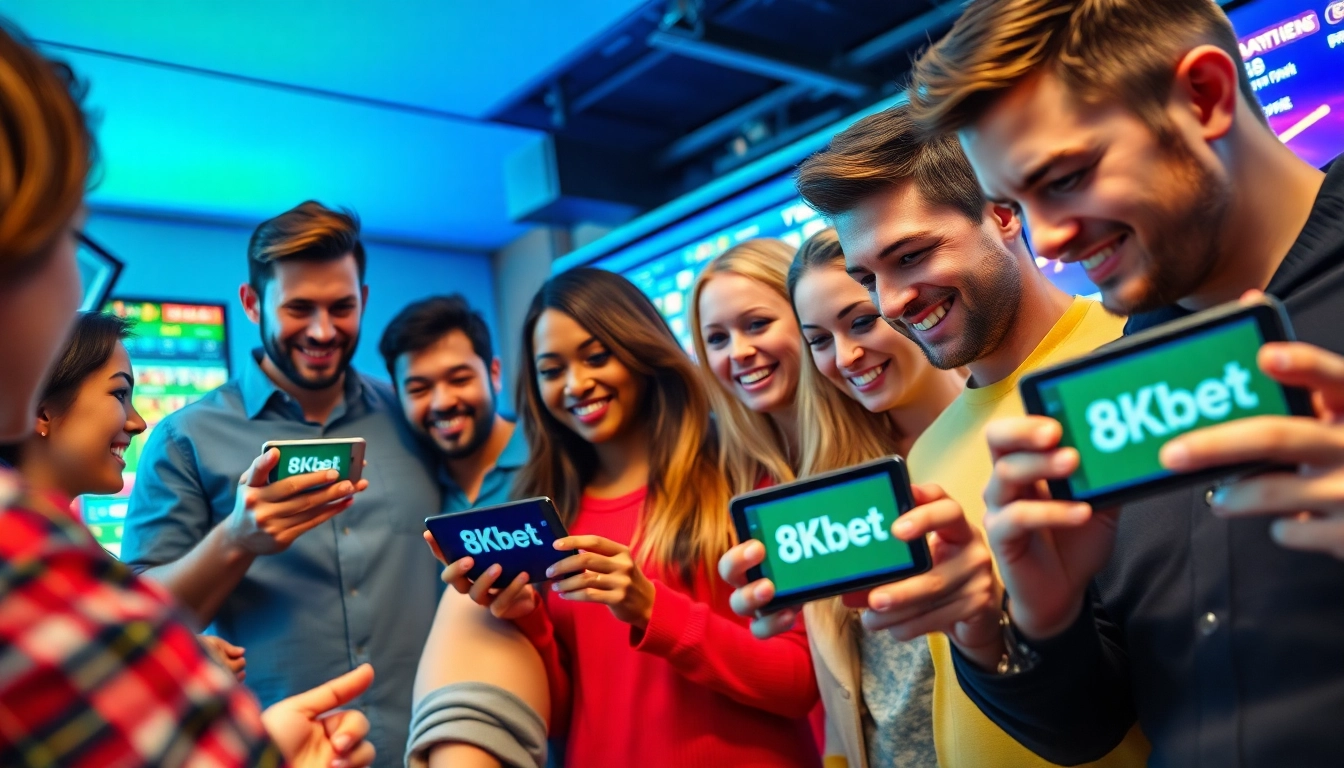 Engaging online betting scene with diverse users enjoying 8Kbet's sports betting and casino games.