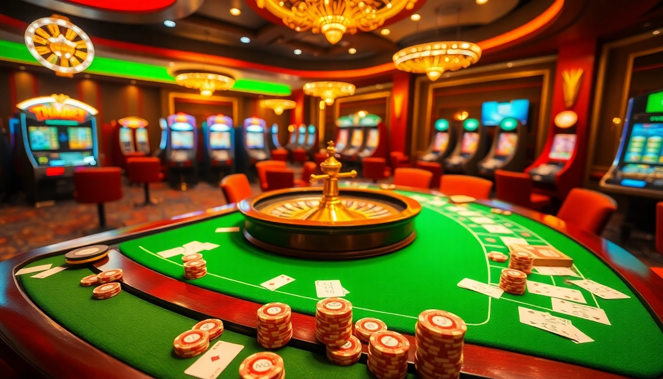 Join the thrill of casino action with THABET, showcasing vibrant gaming tables and exciting slot machines.
