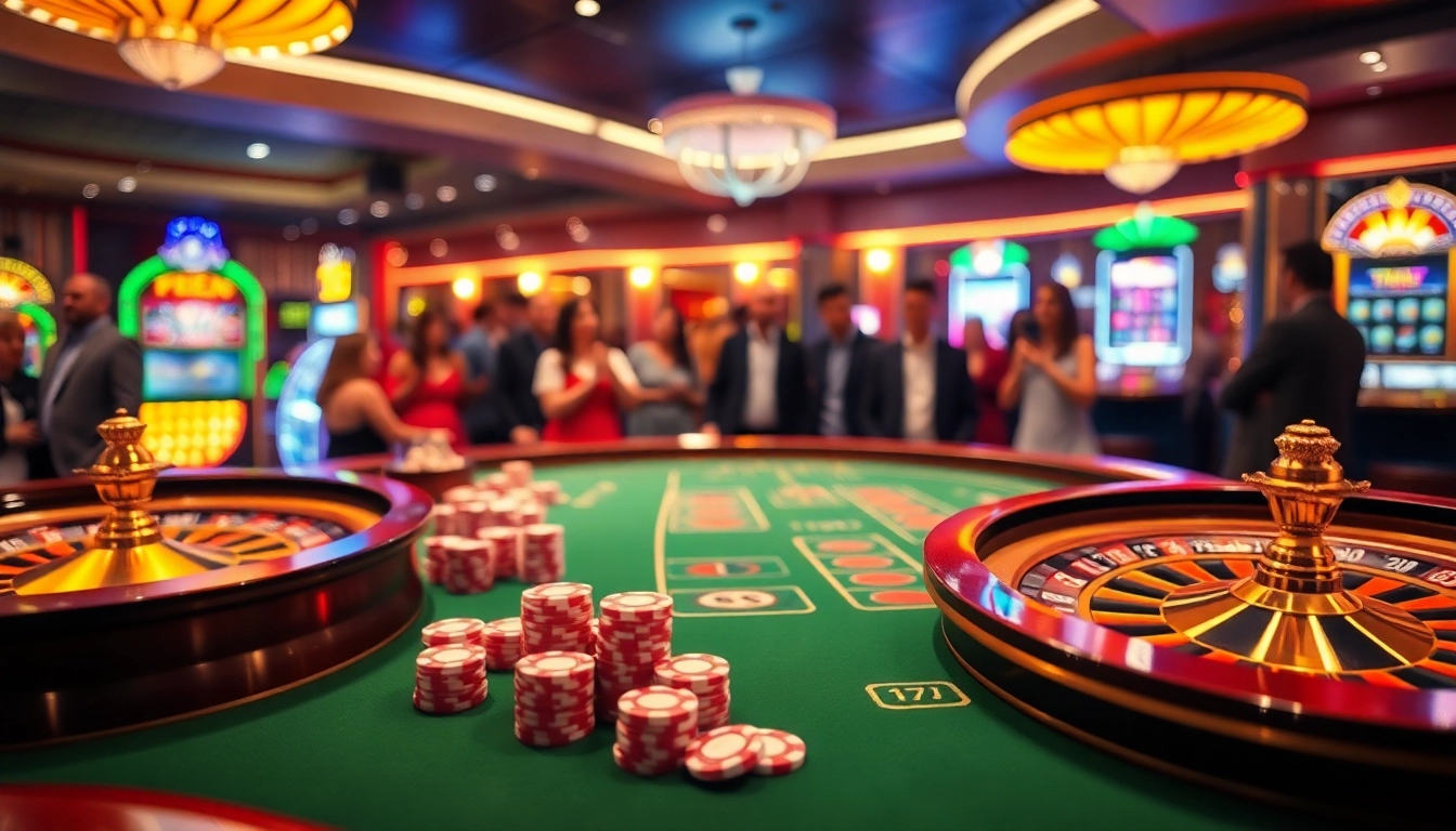 F168 players engaging at a luxurious casino table filled with colorful poker chips and roulette wheels.