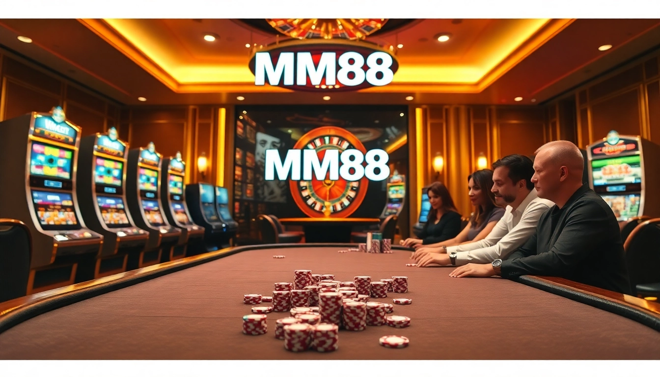 Engage in thrilling games at MM88 casino with exciting poker tables and vibrant slot machines.
