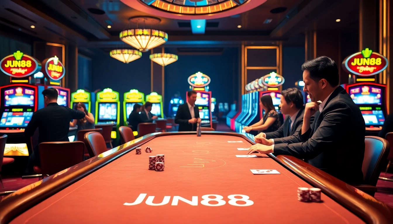Players enjoying a thrilling game at Jun88's luxurious casino table with poker chips and cards.