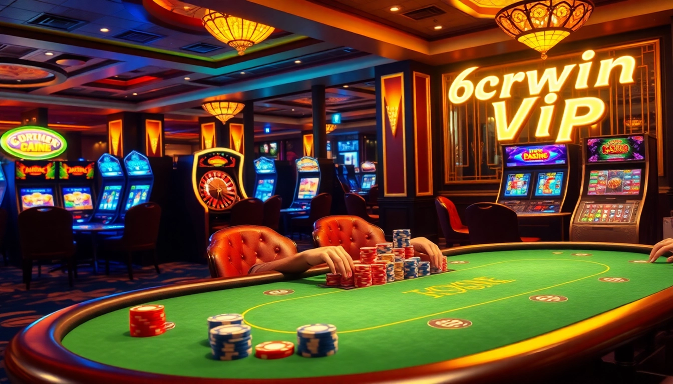 Exciting casino scene showcasing "6rwin Vip" with poker tables, chips, and vibrant slot machines.
