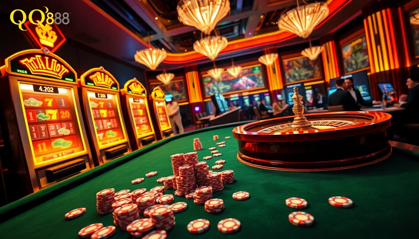 Players winning at QQ88 casino with vibrant slot machines and roulette wheel.