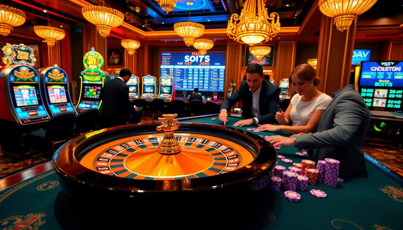 A vibrant casino scene showcasing players engaging in high-stakes gambling at https://tha-bet.pro/, with roulette wheel and colorful chips.