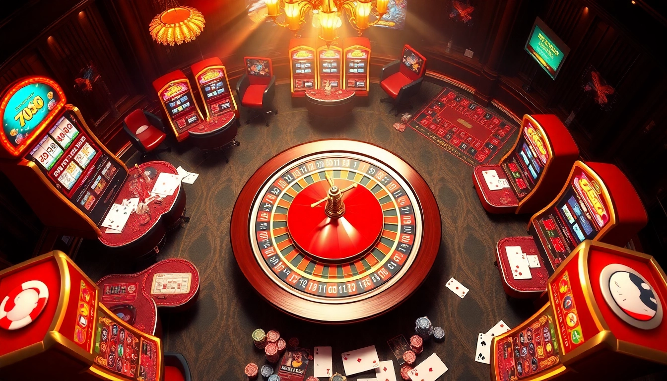 Experience the vibrant atmosphere of the casino with 789win trang chu, featuring roulette wheels, cards, and poker chips.