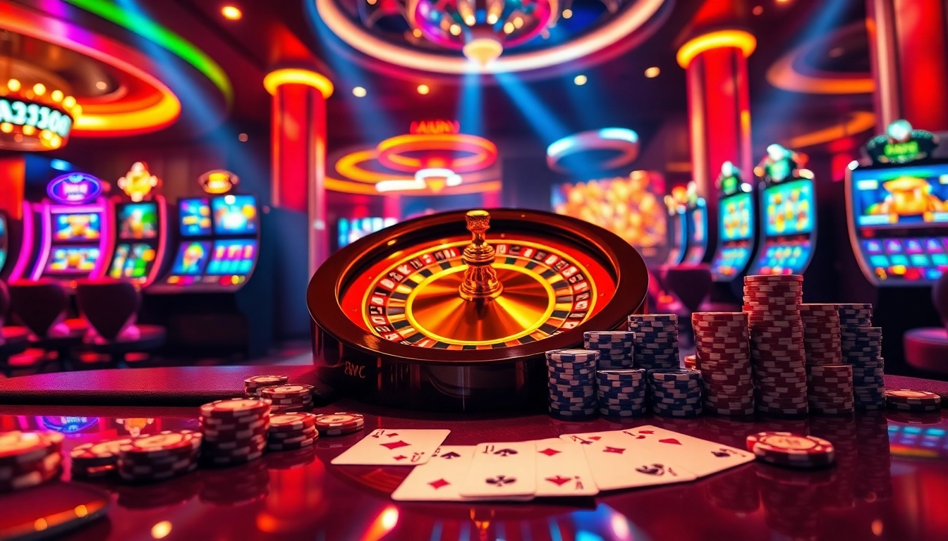 Engage with vibrant casino visuals of Babu88.global, featuring a roulette wheel and colorful slot machines.
