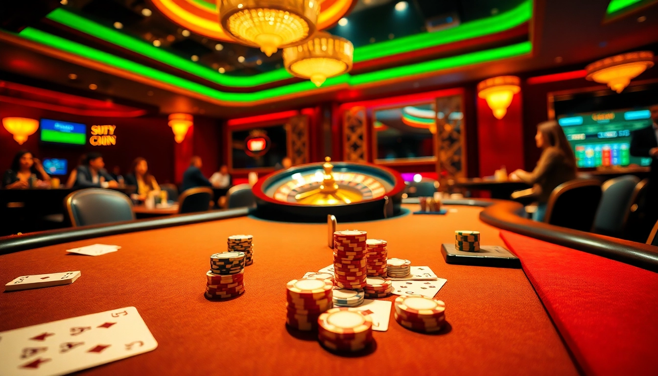 Experience the thrill of gambling at 78WIN with a vibrant casino atmosphere featuring poker tables and roulette.