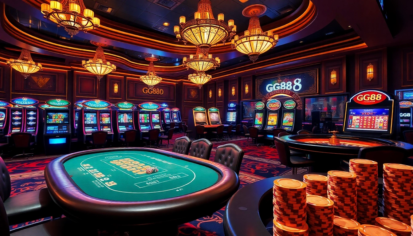 Experience the thrill of GG88 at a luxurious casino table with vibrant slot machines and poker action.