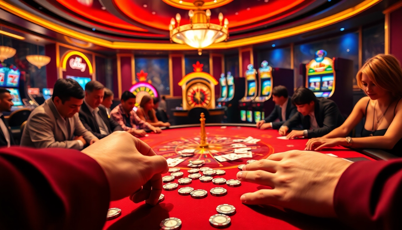 Players at a luxurious casino table excitedly engage in poker, embodying the thrill of okbay.