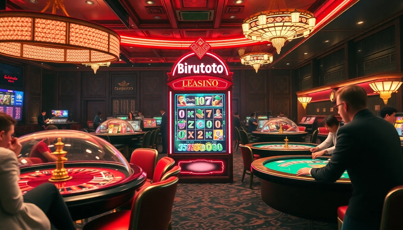 Experience the thrill of birutoto with an elegant casino scene featuring vibrant slot machines and excited players.