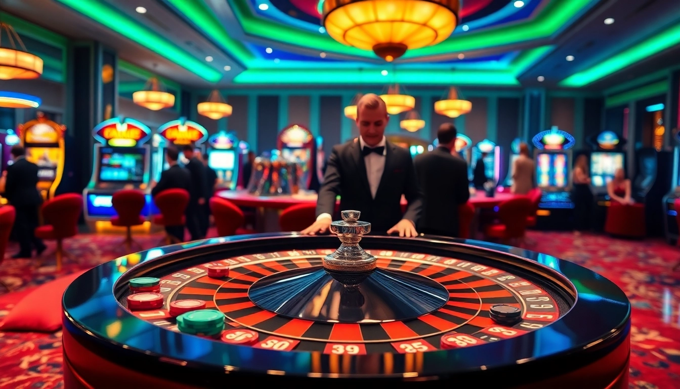 Feeling the thrill of winning at https://rr88c.mobi/, a vibrant casino scene with roulette and slot machines.