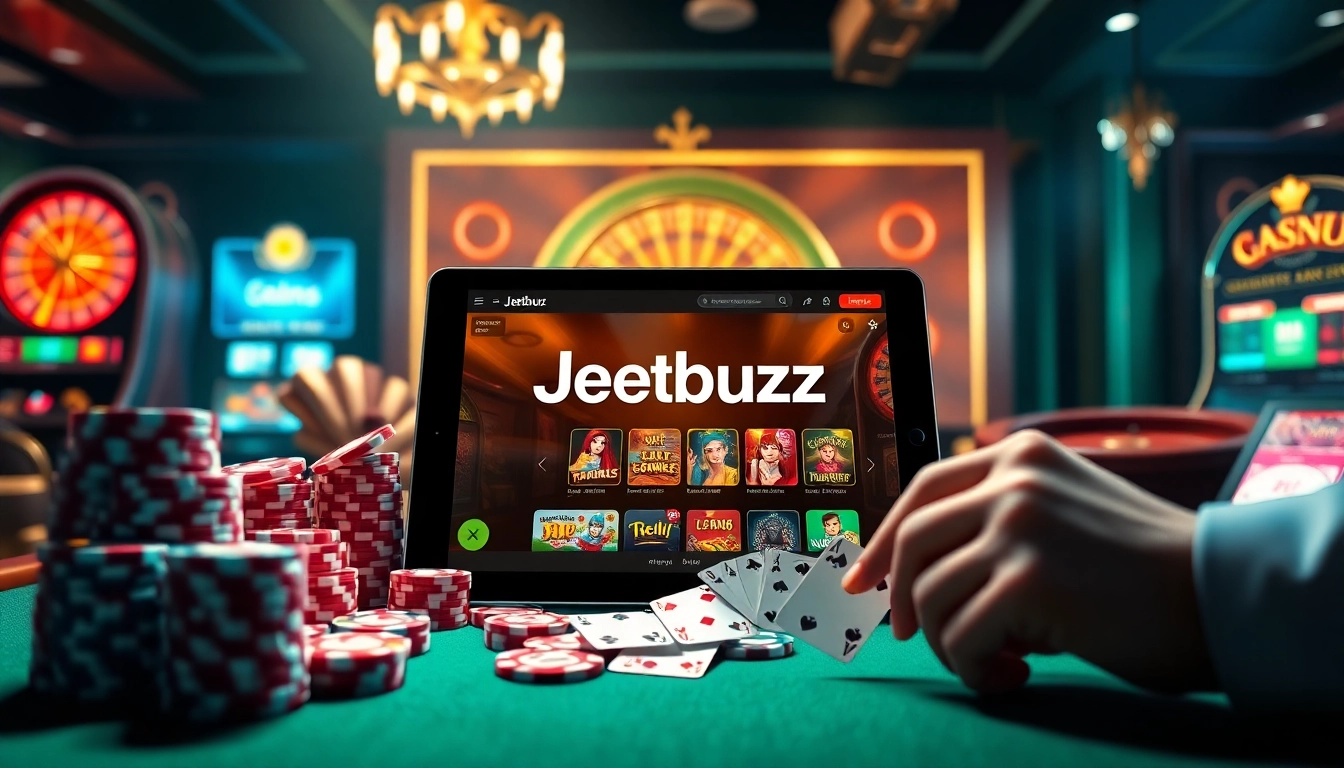 Jeetbuzz online betting interface surrounded by poker chips and roulette wheels in a luxurious casino setting.