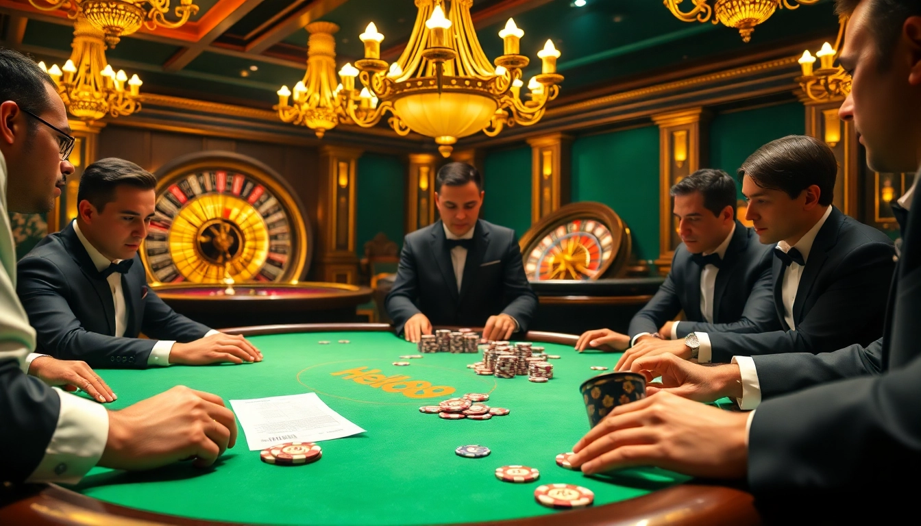 Engaged players at a Hello88-themed poker table in a luxurious casino setting.