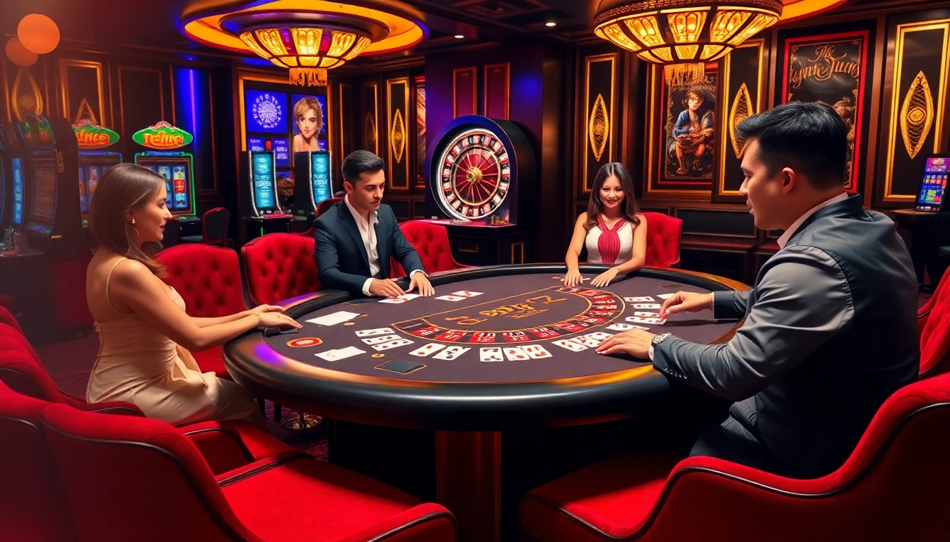 Engaging players at a high-stakes baccarat table featured on https://f168.studio/ in a vibrant casino setting.