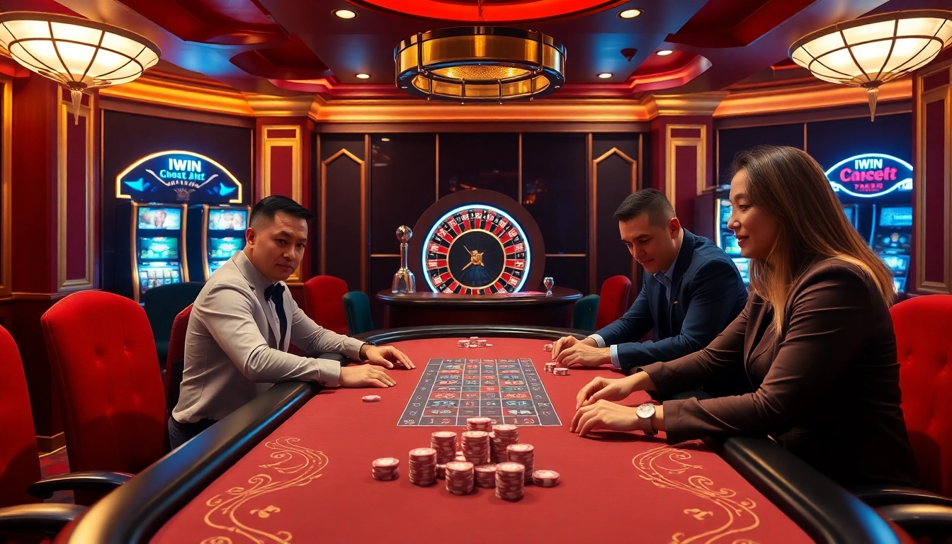 IWIN poker players engaged in an exciting game at a luxurious casino table.