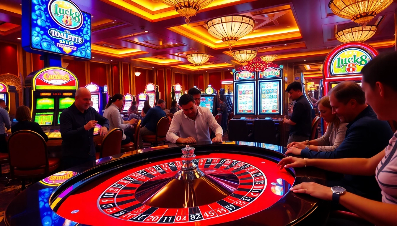 Engaged gamblers playing on a vibrant luck8-themed slot machine in an elegant casino.