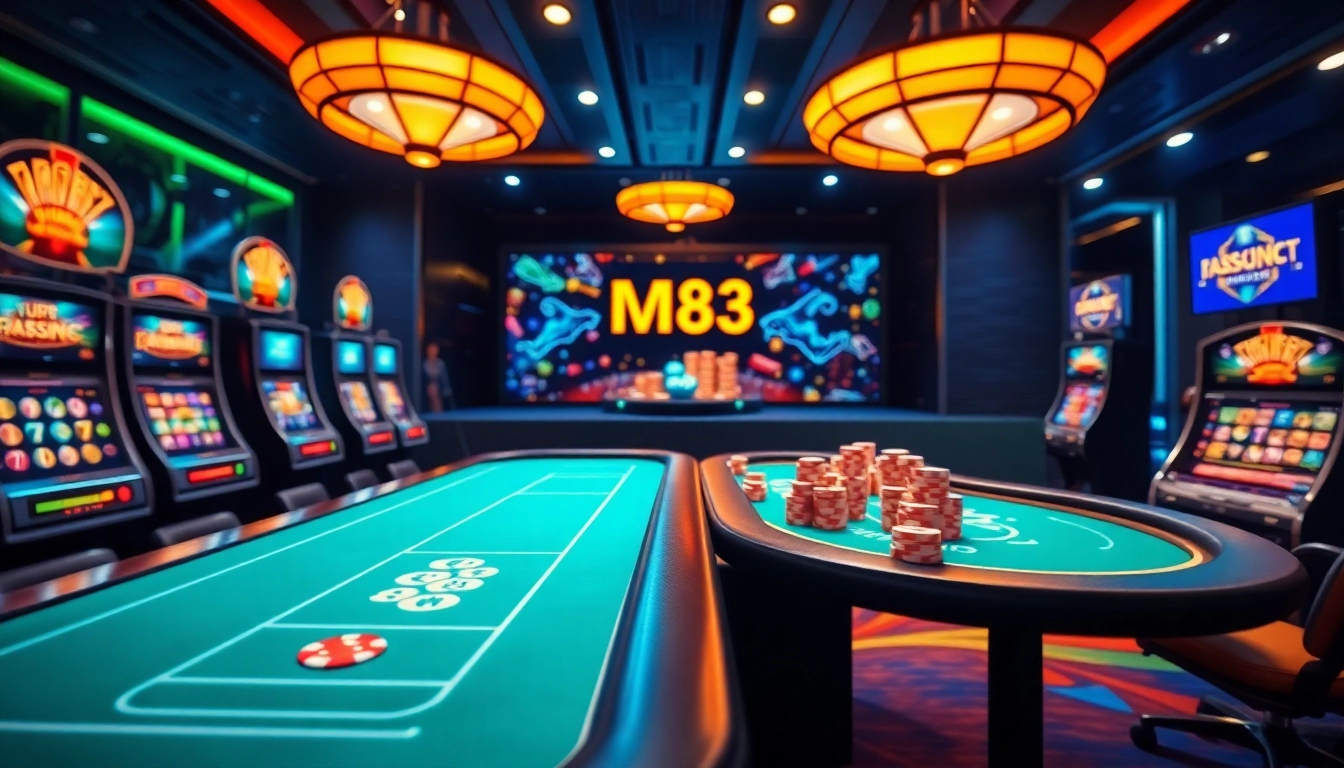 Dynamic online gambling scene at http://hm88.blue/ featuring virtual slot machines and poker tables.