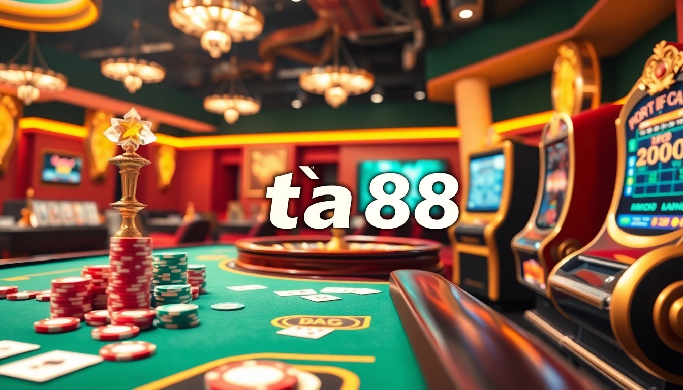 Tantalizing gaming action at TA88, featuring poker chips, cards, and roulette, embodying excitement and professionalism.