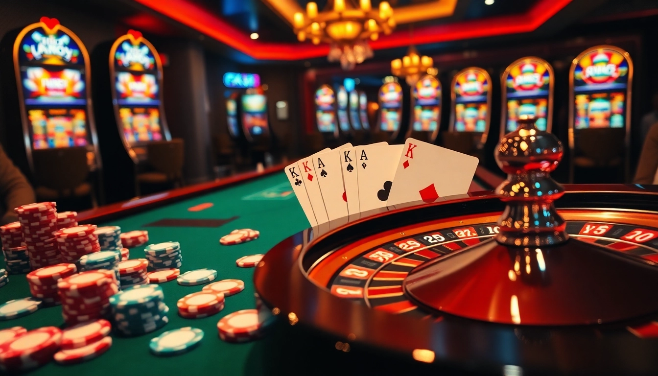 GK88 gambling table with poker chips and winning cards in an elegant casino setting