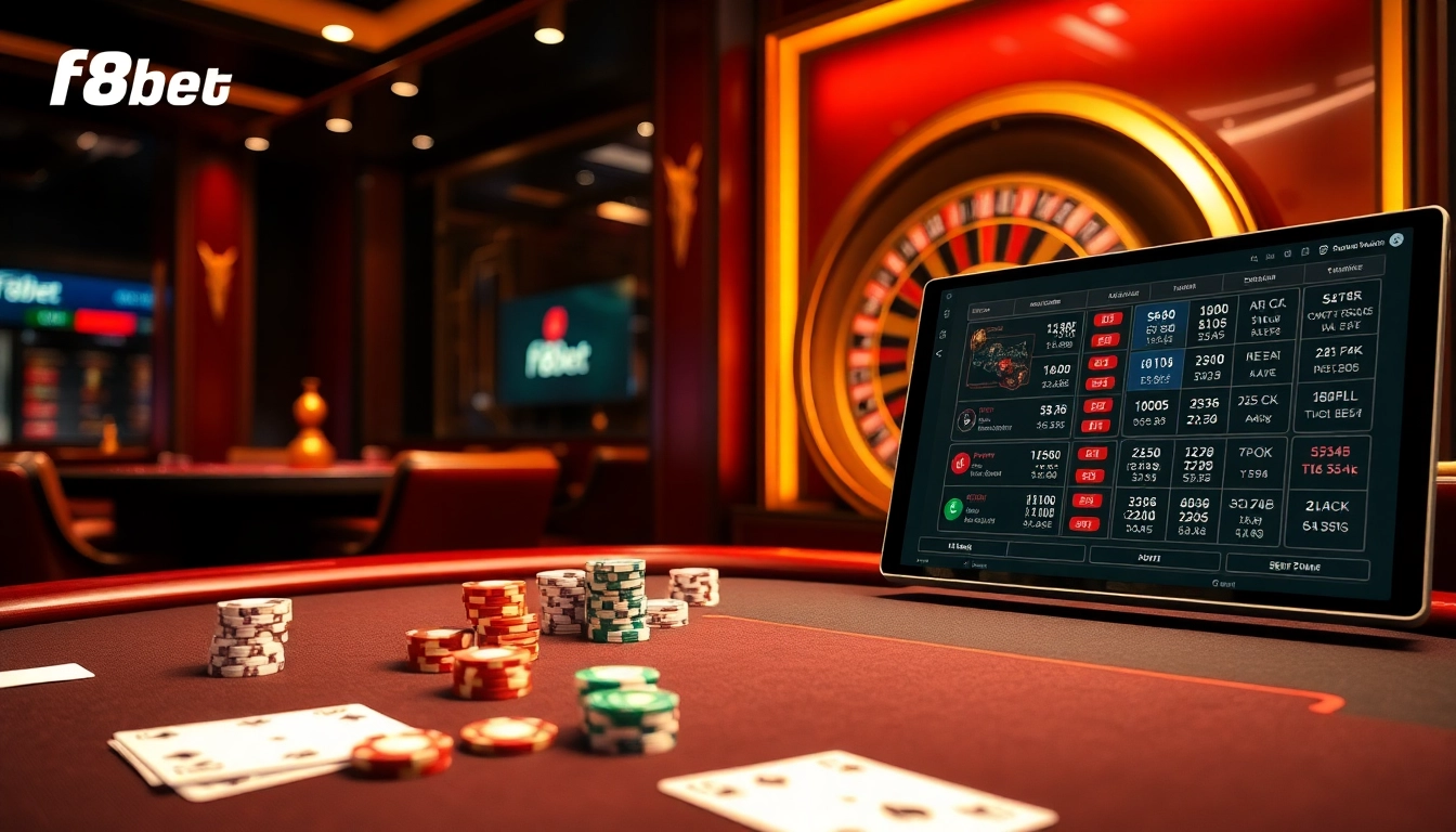 Experience f8bet online casino excitement with a luxury poker setup and a digital betting interface.