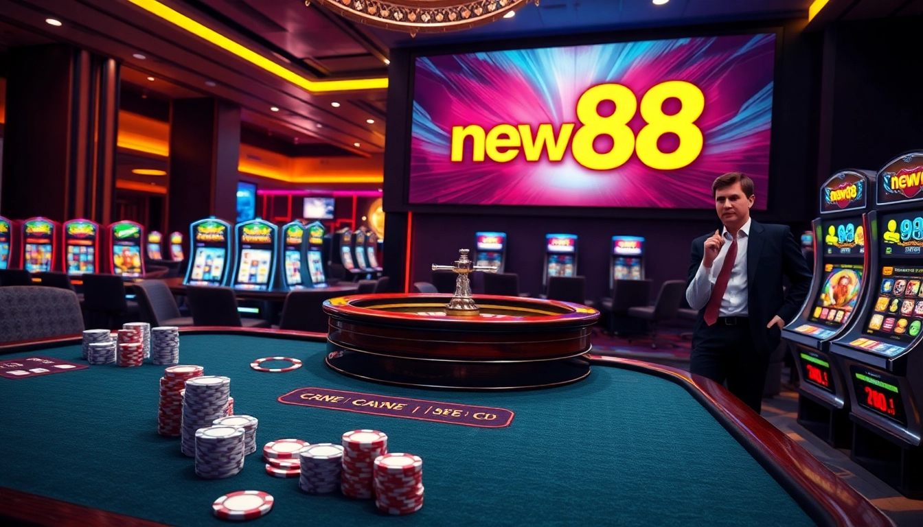 Experience the excitement of new88 amidst a luxurious casino setting with vibrant games and elegant tables.