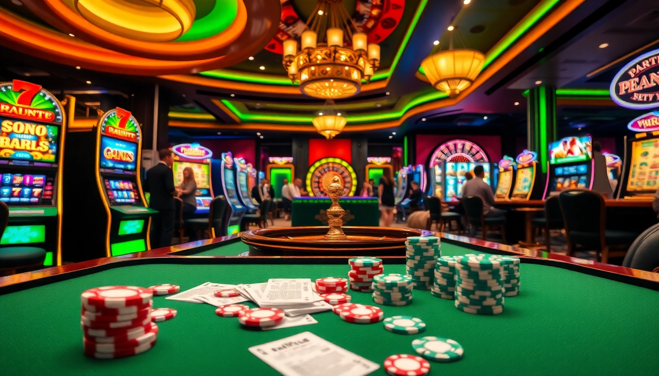 Vibrant casino scene showcasing 슬롯커뮤니티 excitement with slot machines and cheering players.