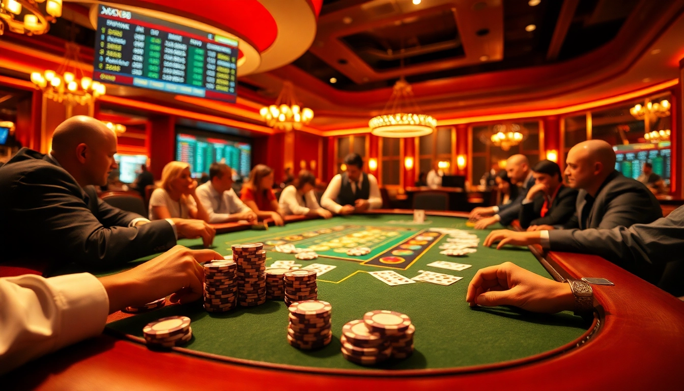 Players engage in high-stakes poker at a lavish table, inspired by https://xx88.vin/, showcasing excitement and luxury.
