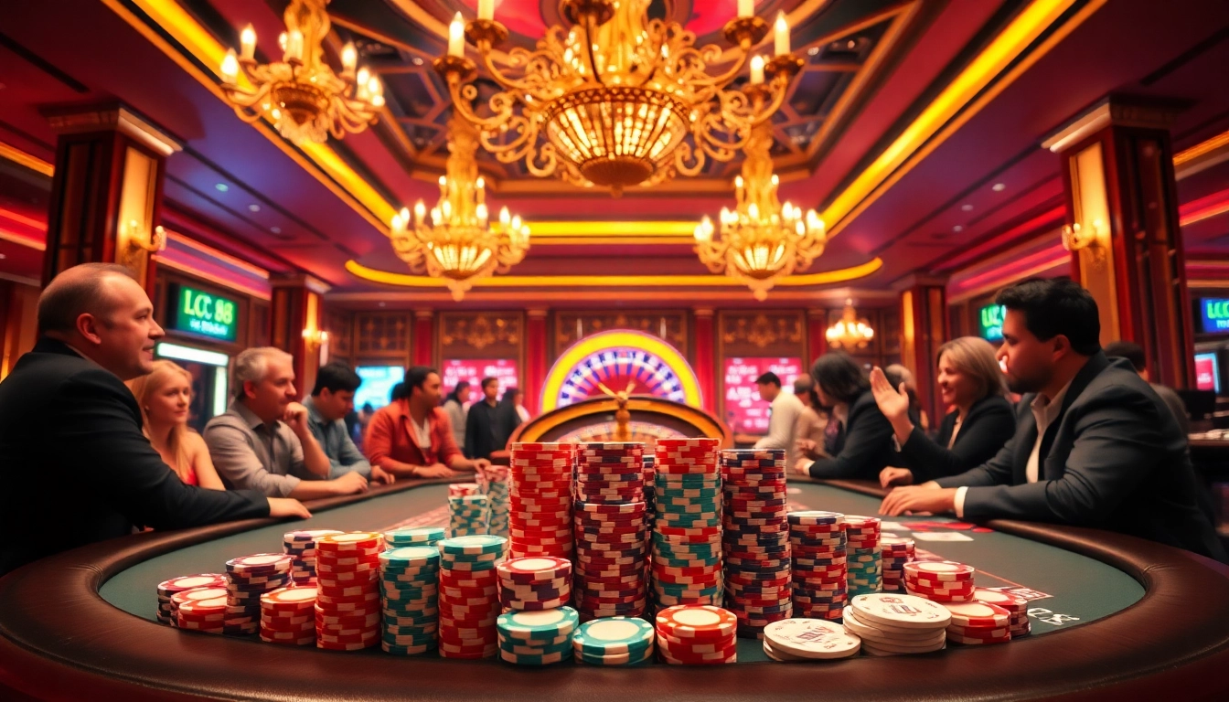 Players enjoying a thrilling poker game at Lc 88 casino, surrounded by vibrant colors and excitement.