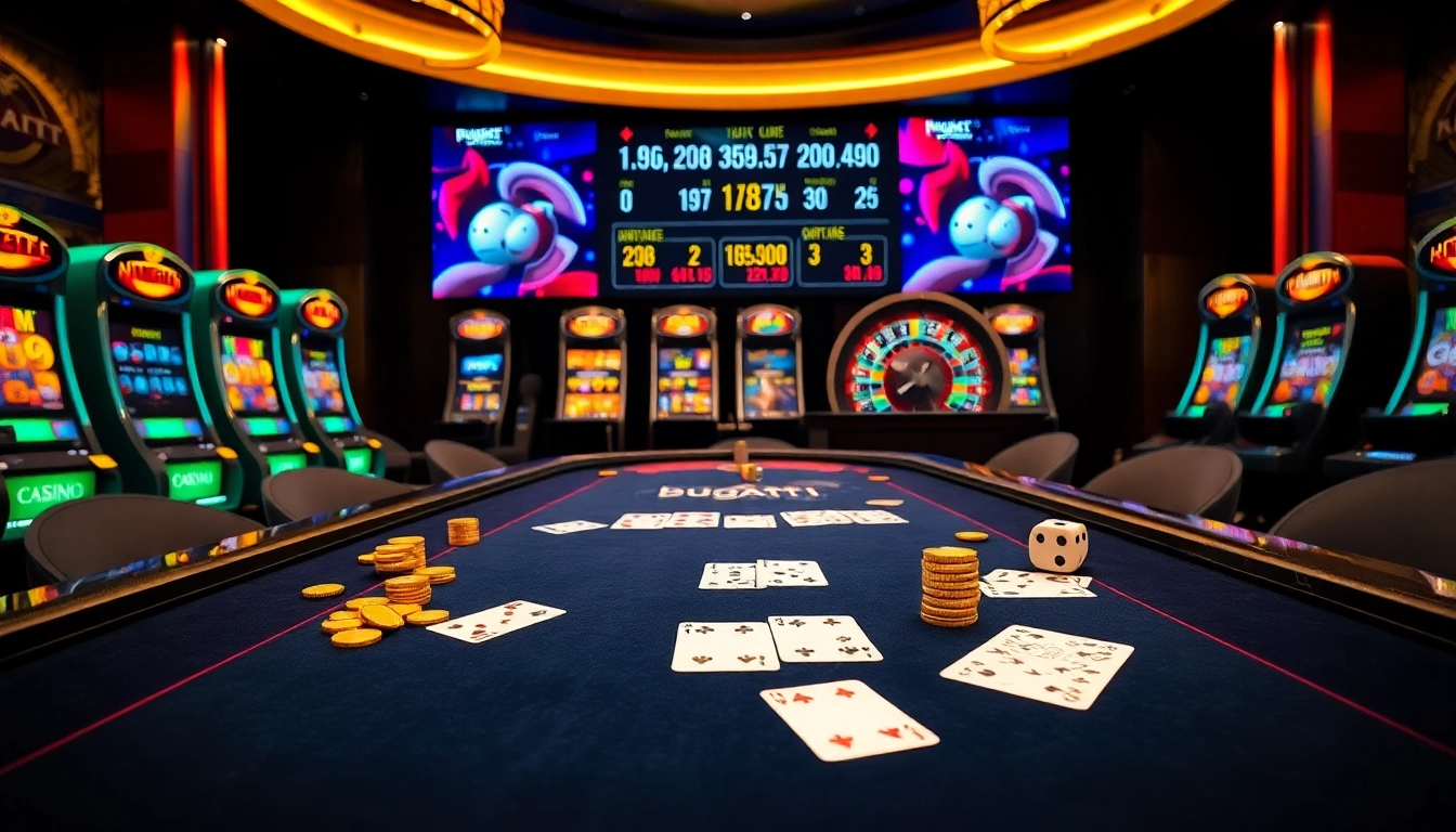 Exciting gaming at Bugatti8-themed casino table with luxury slots and vibrant ambiance.
