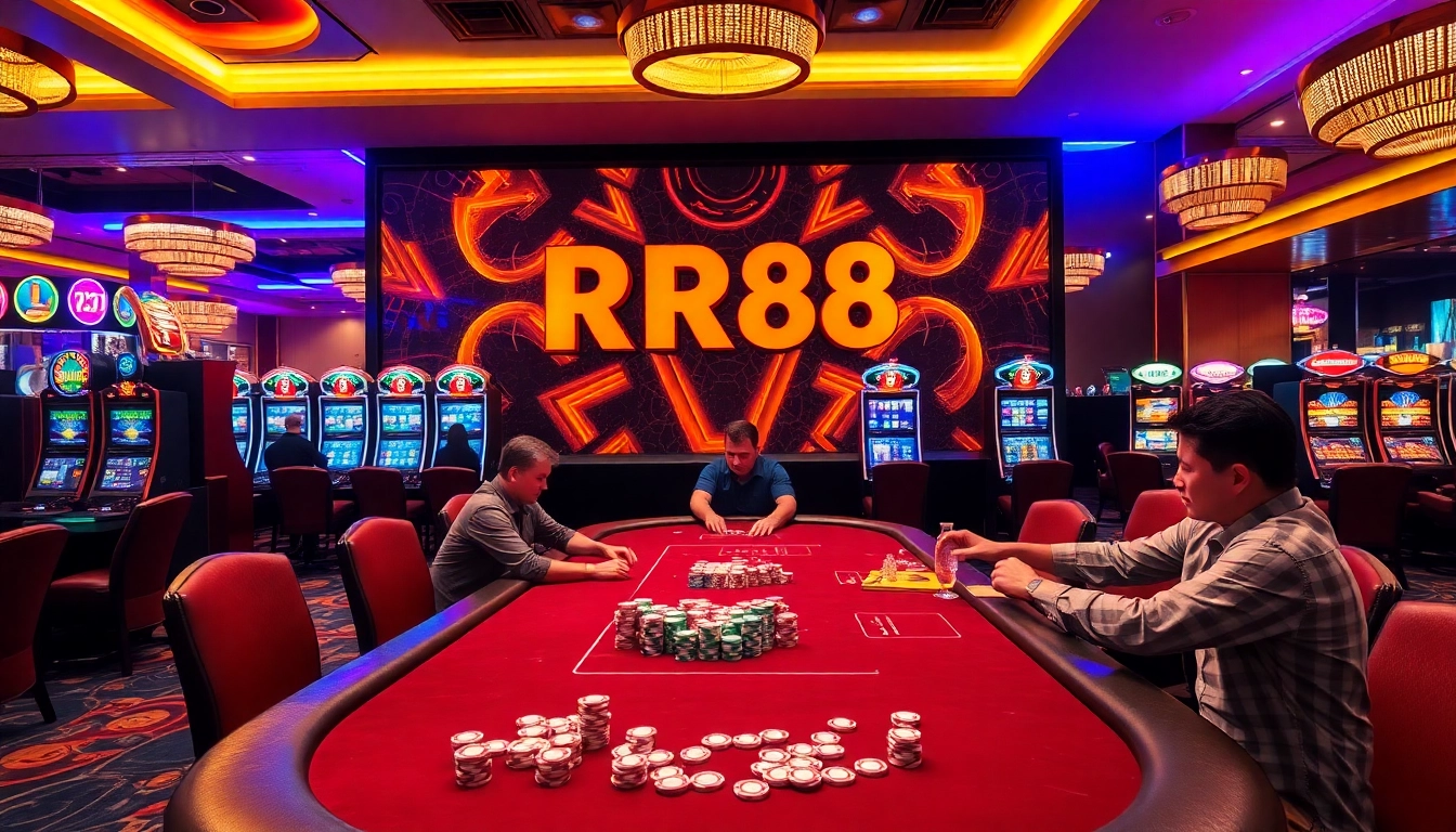 Players enjoying high-stakes poker at RR88 casino, surrounded by vibrant gaming elements.