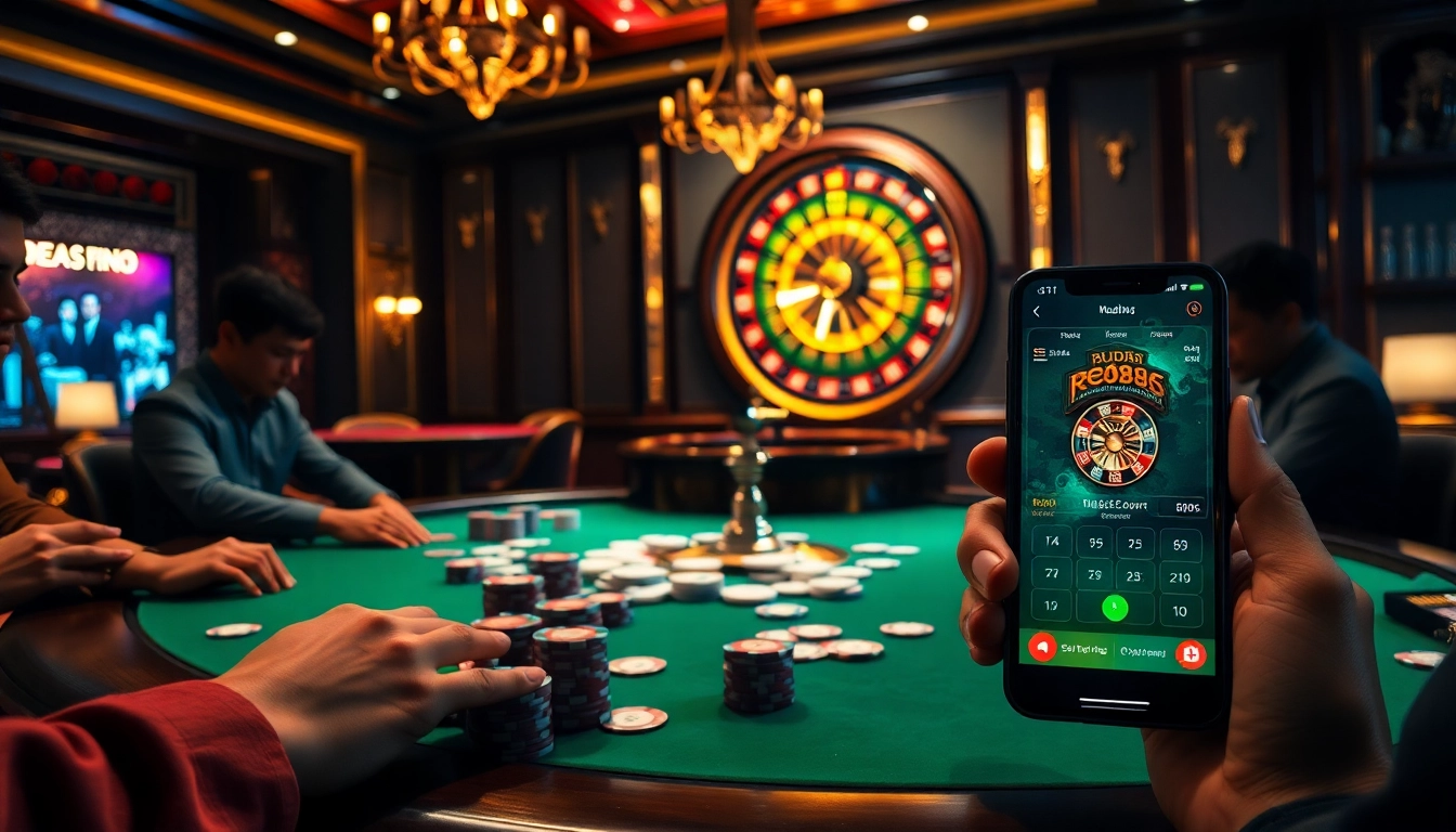 High-stakes poker scene with vibrant gambling elements at nhà cái red88, showcasing excitement and luxury.
