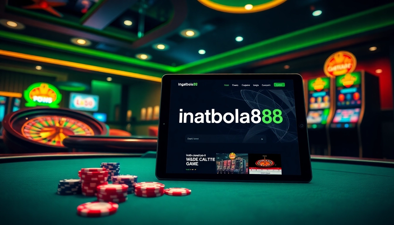 Play thrilling games at ingatbola88 with a vibrant casino atmosphere featuring poker tables and roulette.