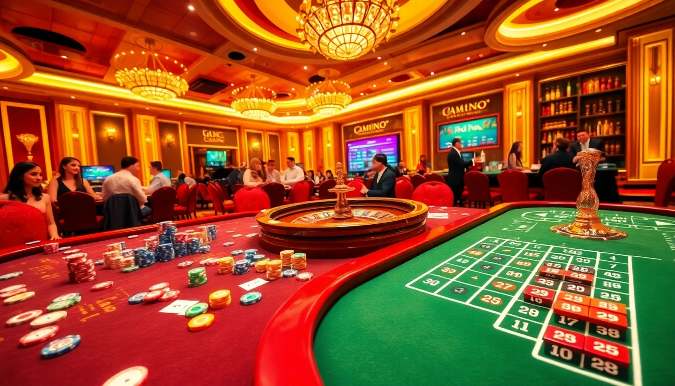 A vibrant casino scene at 78winbiz.com showcasing players enjoying games with roulette wheel and cards.