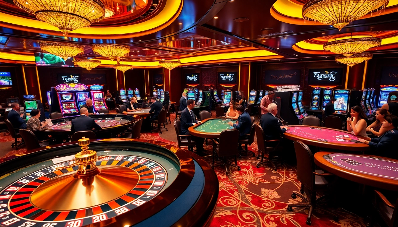 Players enjoying a thrilling gambling experience at https://thabet.vegas/, featuring casino tables and vibrant action.