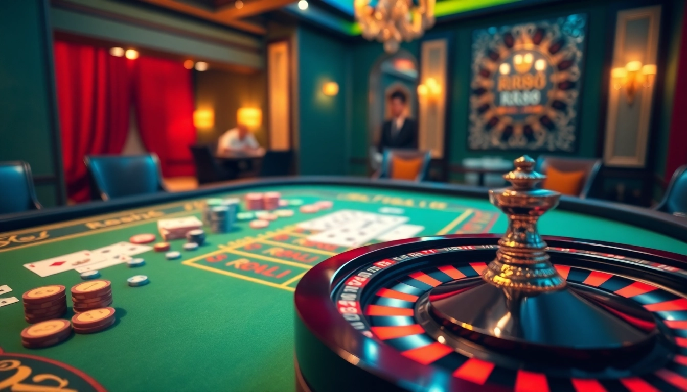Exciting RR88 casino scene with poker chips and roulette wheel, showcasing a vibrant ambiance.