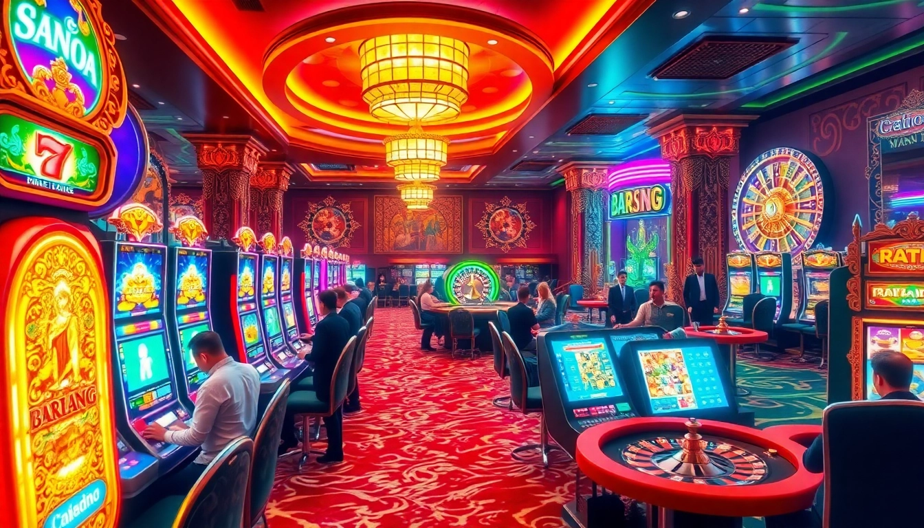 Players enjoying the raja barong-themed slot machines in a vibrant casino setting.