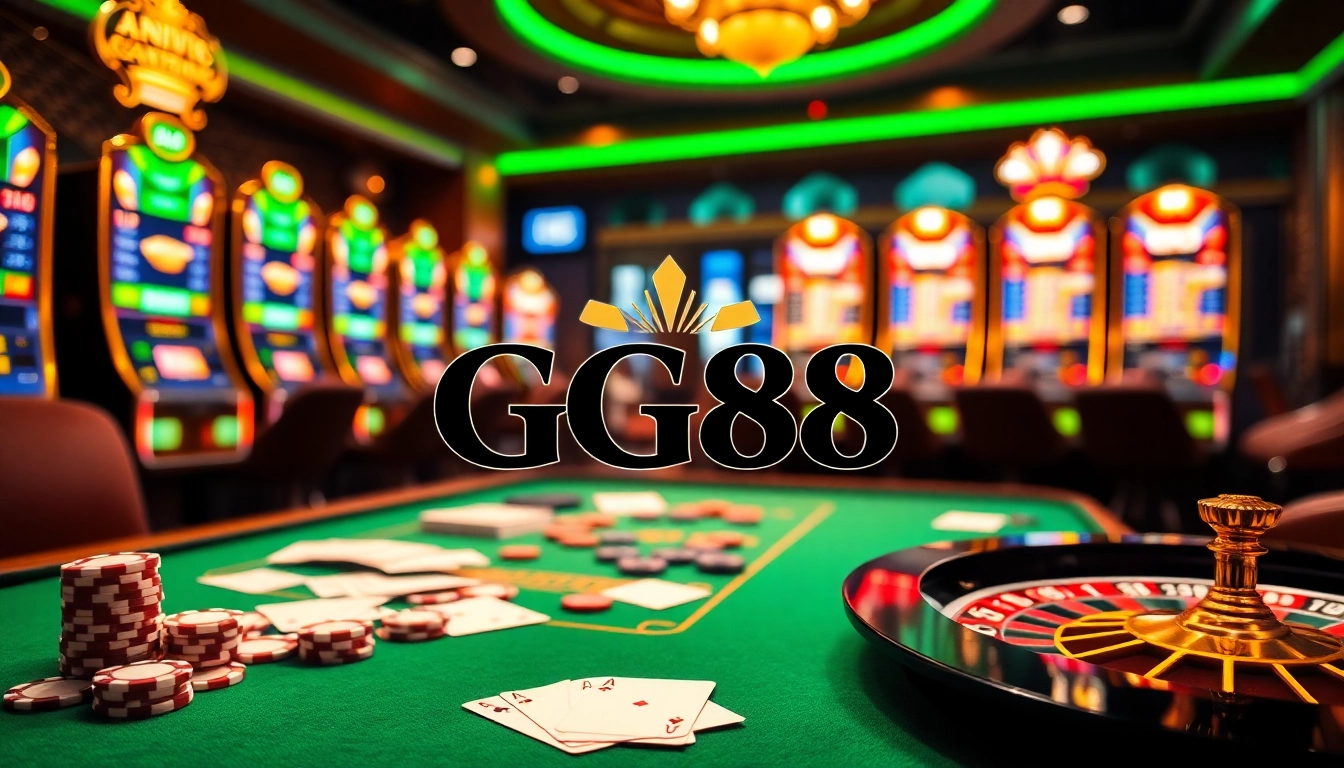 Experience the excitement of GG88 with vibrant casino elements like poker chips and a roulette wheel.