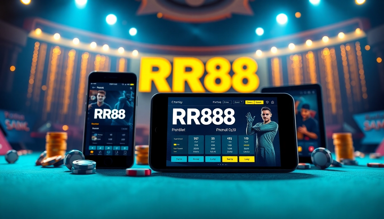 RR88 online betting platform promotional banner showcasing vibrant gaming atmosphere with devices and betting elements.