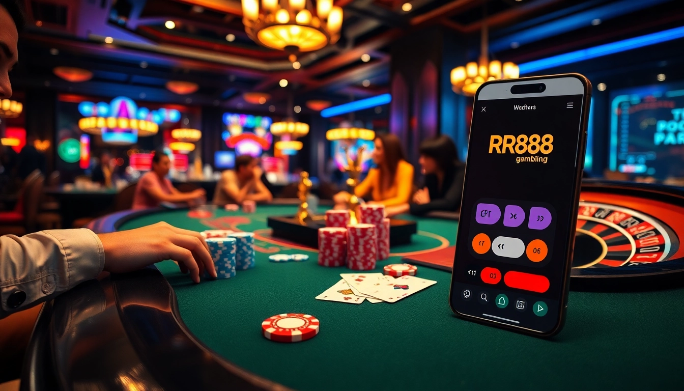 Experience thrilling gaming at RR88 with a vibrant poker table showcasing chips, cards, and excitement.