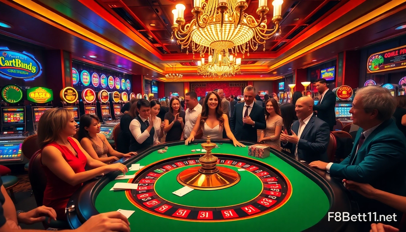 Experience the thrill of betting at F8BET with vibrant casino games featuring roulette, poker chips, and lively players.