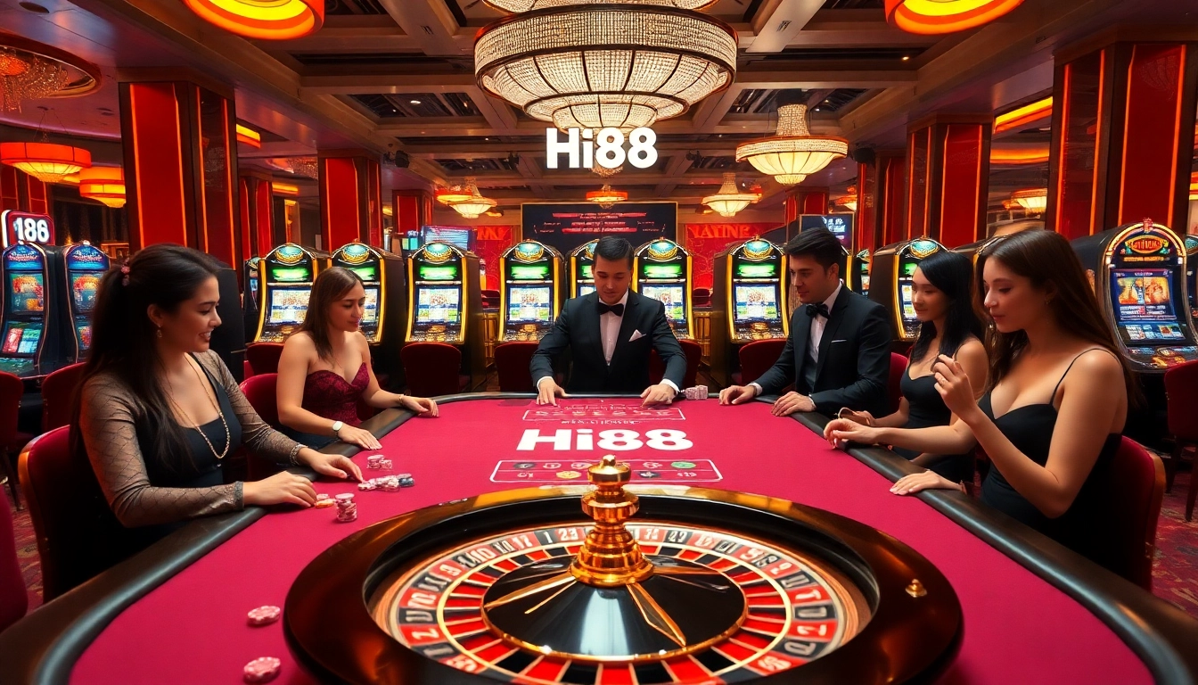 Hi88 gaming table with vibrant poker chips and classic roulette wheel in a luxurious casino ambiance.