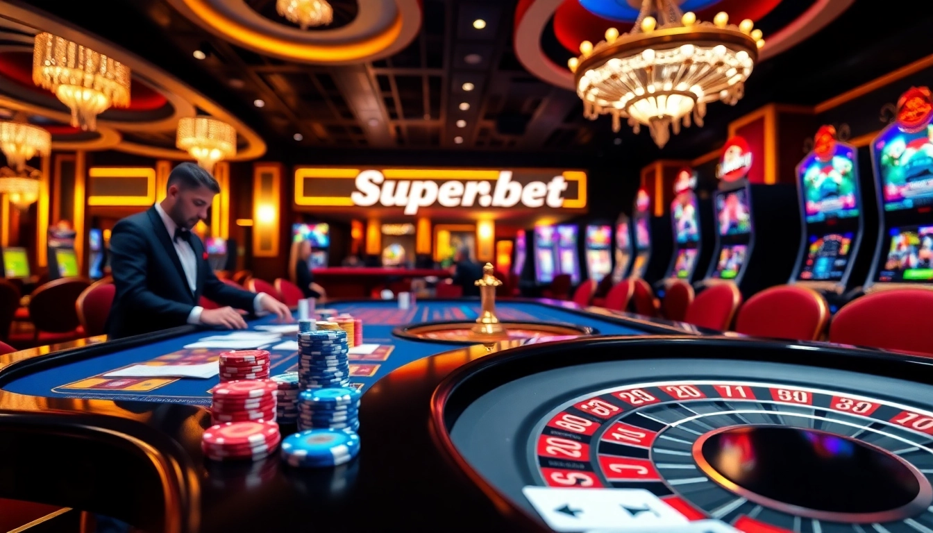 Superbet casino scene showcasing vibrant tables, chips, and roulette for an exciting player experience.