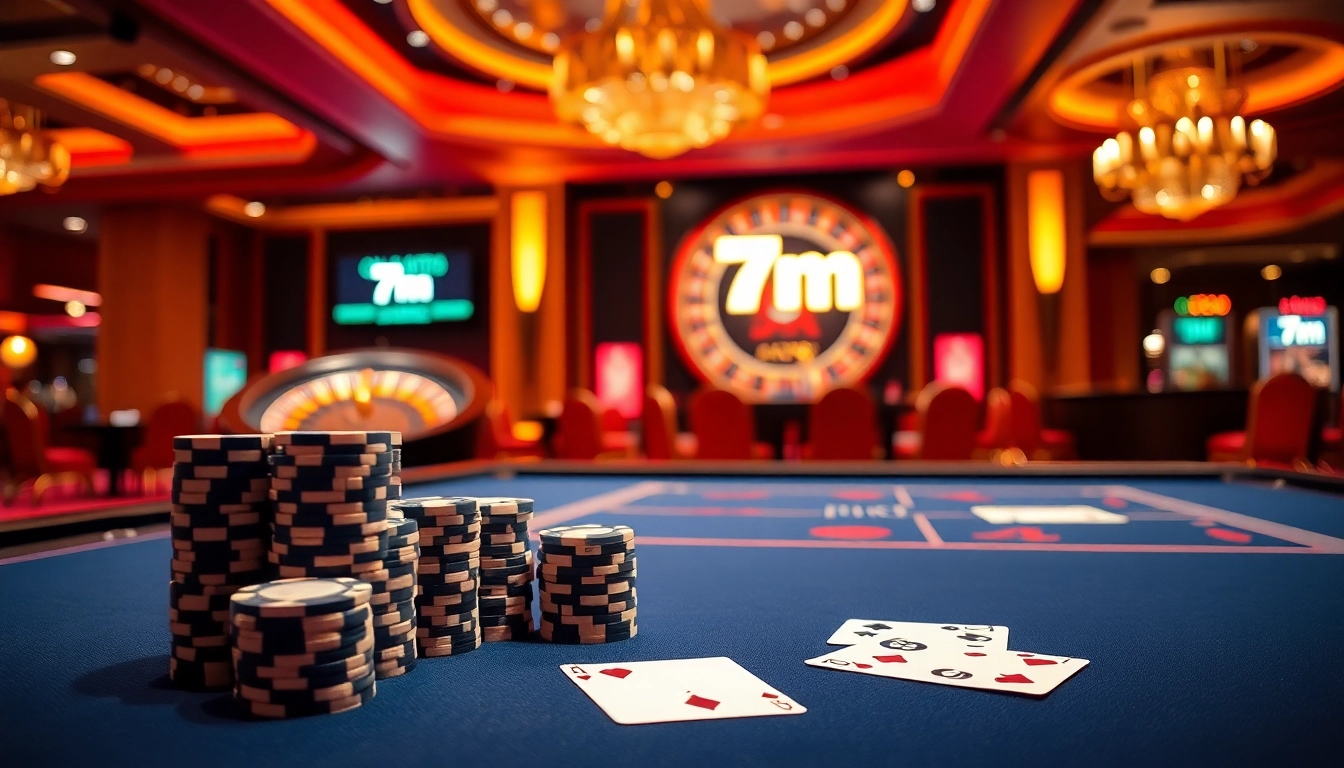 A thrilling casino scene showcasing a craps table and poker chips, highlighting the excitement of 7m betting.