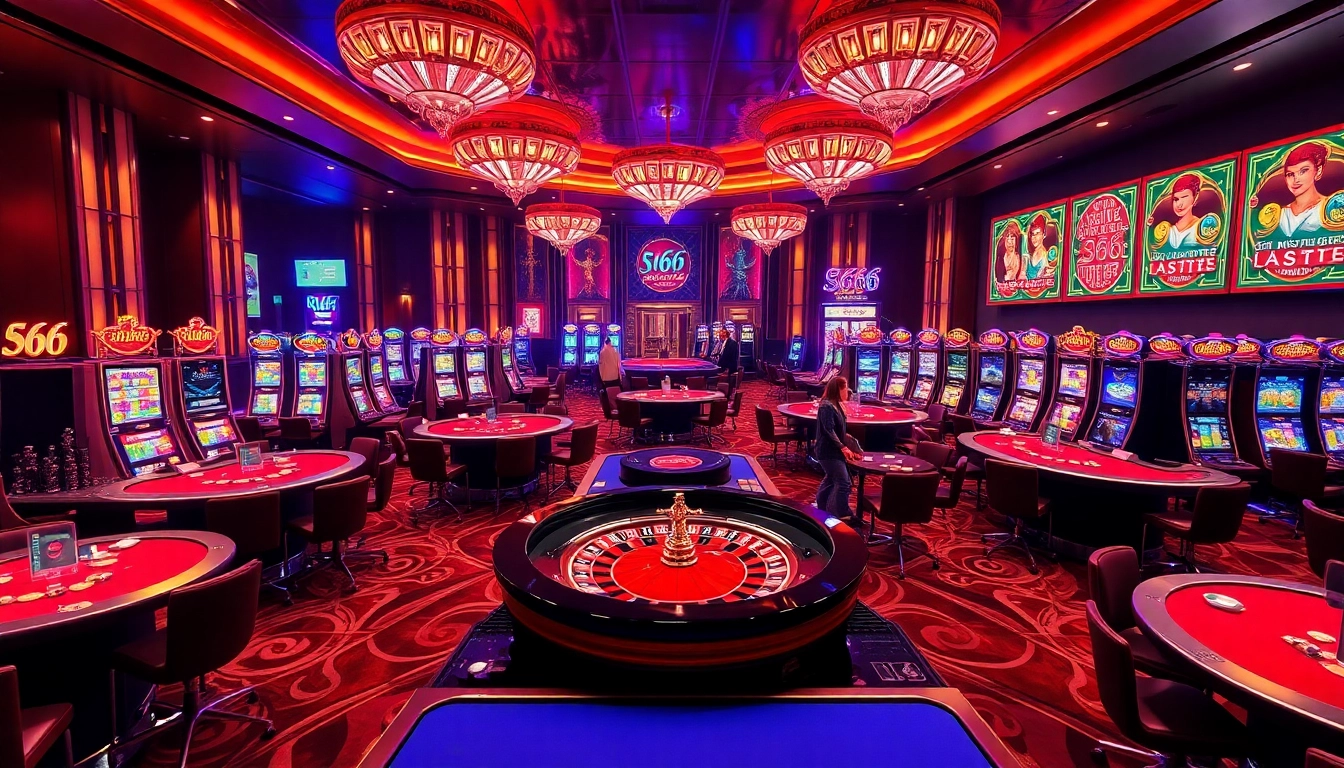 Experience the thrill of S666 nhà cái at a luxurious casino, featuring vibrant gaming tables and roulette.
