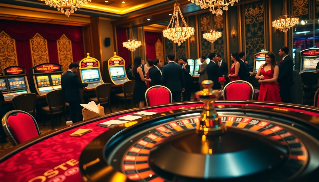 Experience the excitement of gambling at Hi88.wedding with a luxurious casino atmosphere featuring poker tables and roulette wheels.